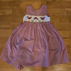 Red Gingham Sleeveless Dress with Crab Embroidery